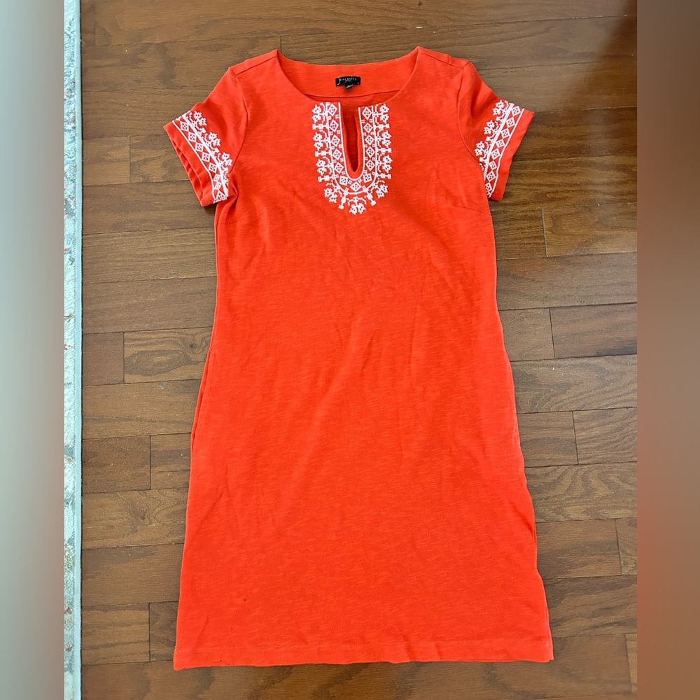 Talbots Bright Orange Shift Dress with White Geometric Embroidery